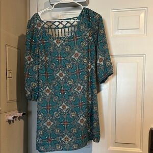 As U Wish Teal Floral Lattice Back Tunic Dress